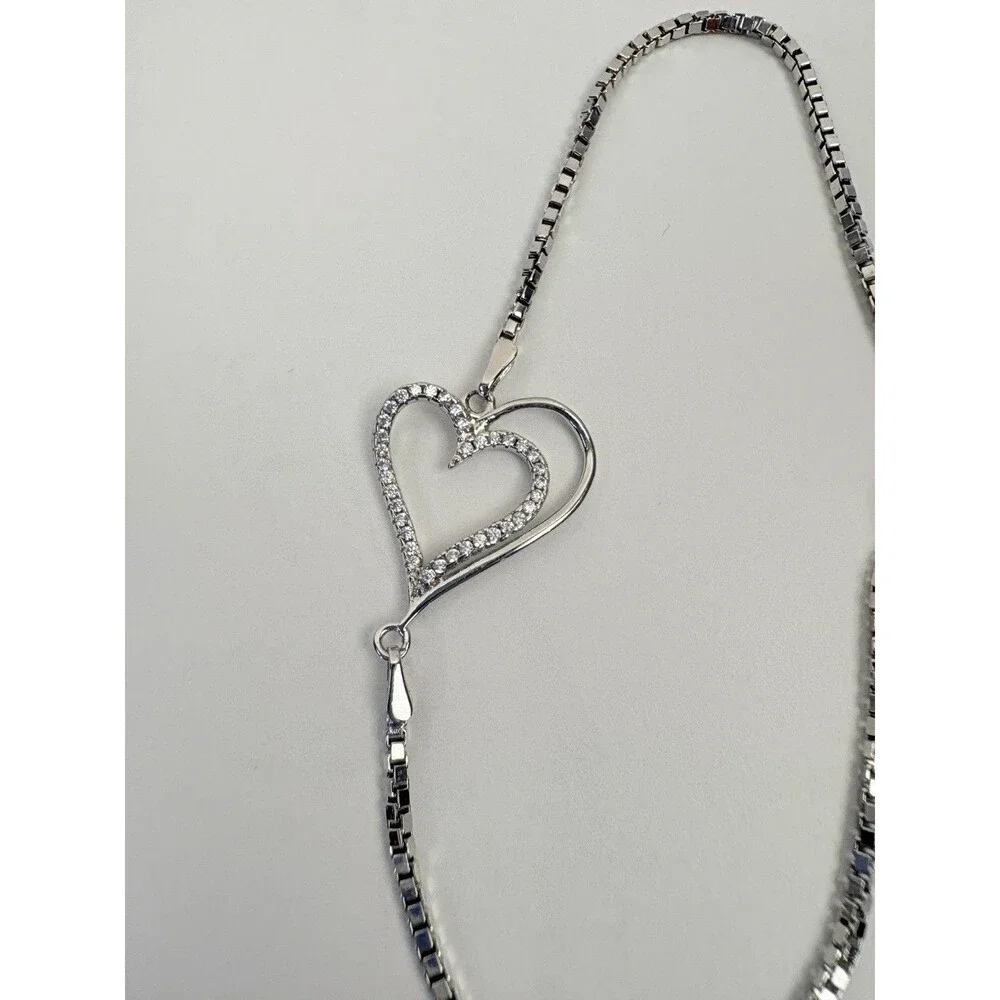 925 Sterling Silver Double Heart Box Chain Bolo Slider Bracelet Signed
